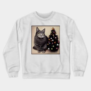 Funny Cat near Christmas Tree Crewneck Sweatshirt